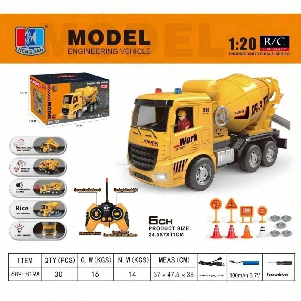 Remote Control Construction Play Set. This Rechargeable Concrete Mixer Truck Is 