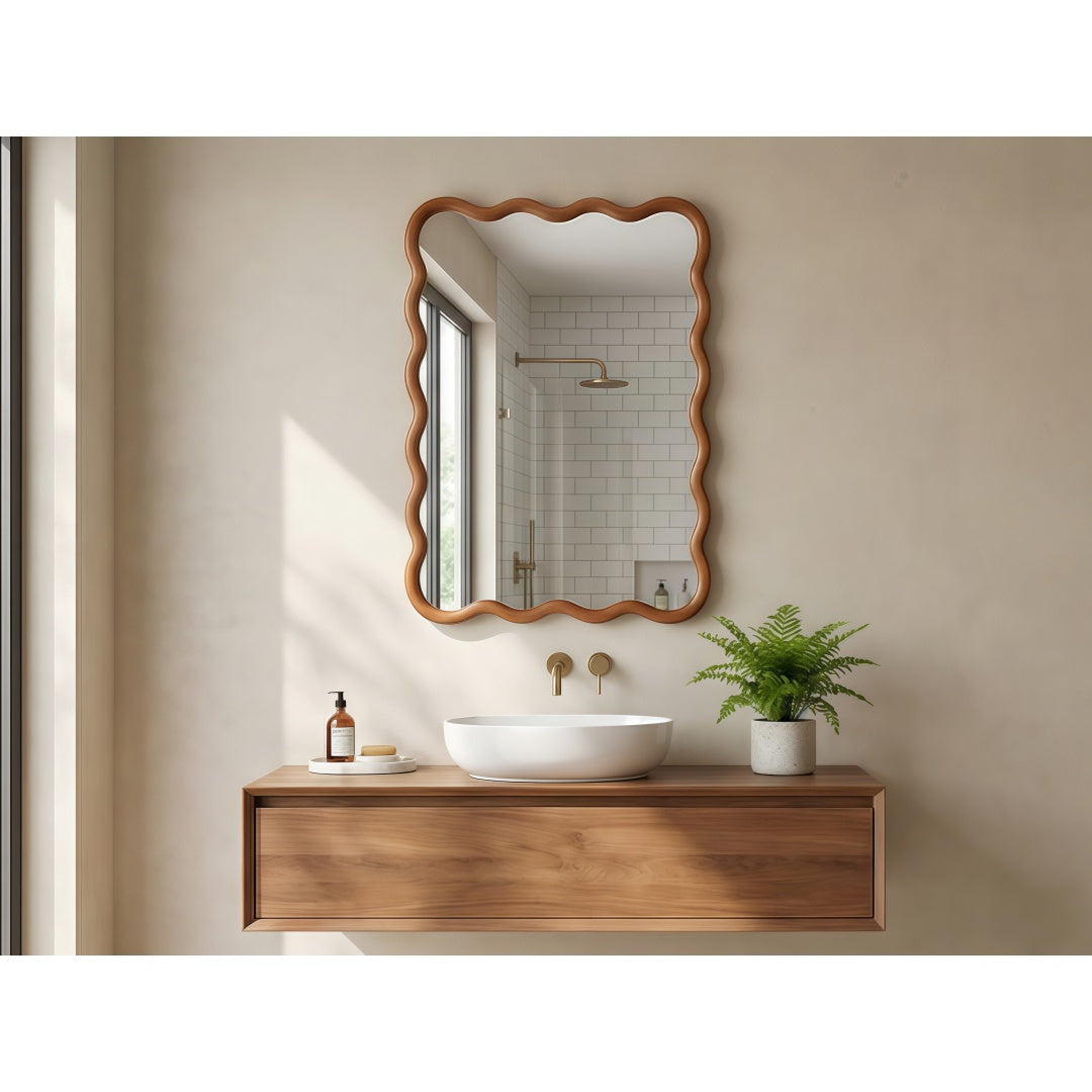 Yellowish Brown 20x30 Wavy Rectangle Solid Wood Frame Decorative Mirror,For Bedr