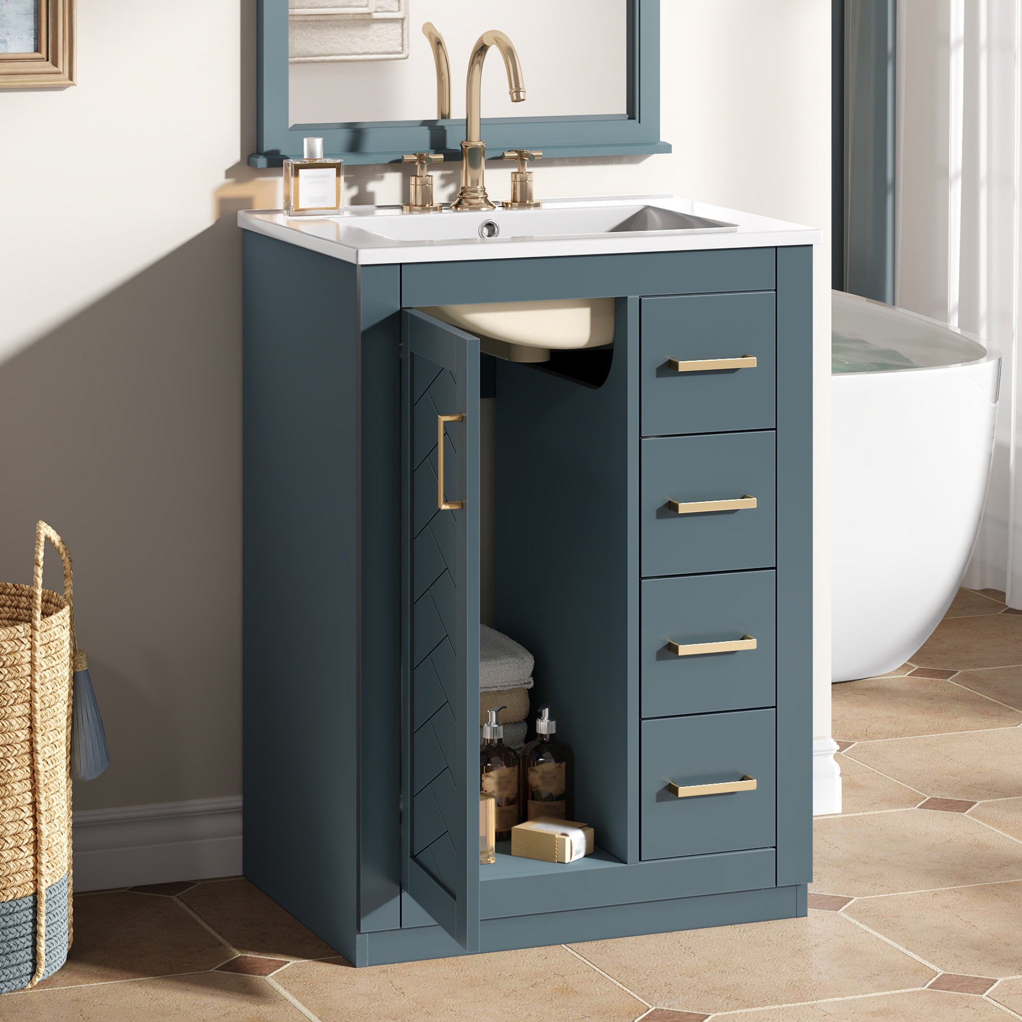 24   Bathroom Vanity With Integrated Ceramic Sink, Bathroom Cabinet With 1 Door,