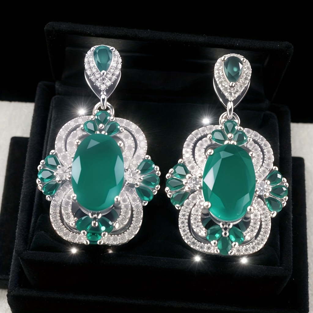 Vintage Oval Emerald CZ Floral Halo Drop Dangle Earrings For Women, Copper Silve