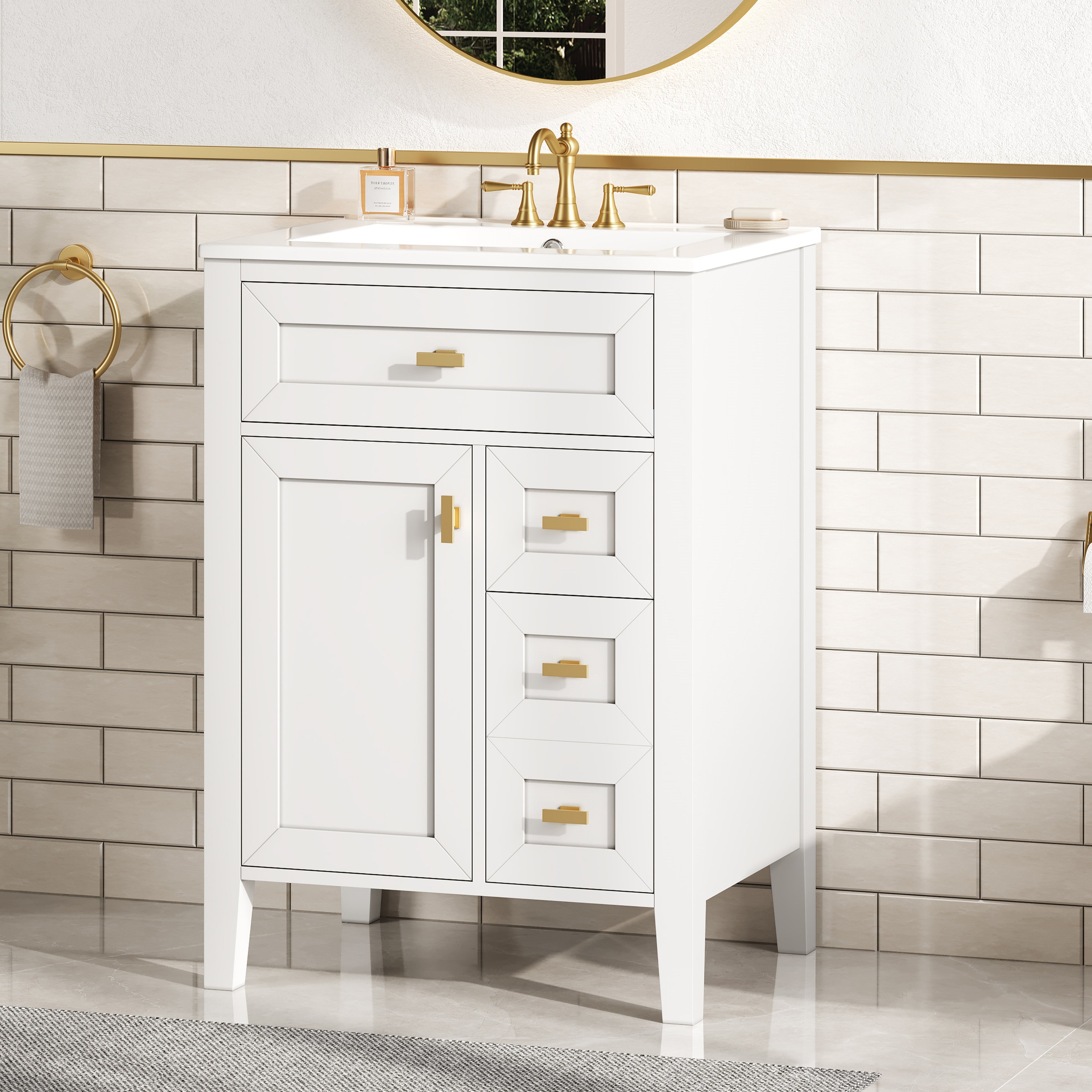 24'' White Bathroom Vanity With Sink, MDF & Rubberwood Construction, 3 Drawers &