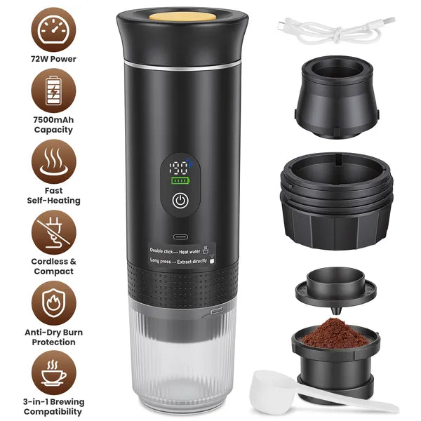 3-in-1 Portable Espresso Machine Cordless Self-Heating Coffee Maker With 7500mAh