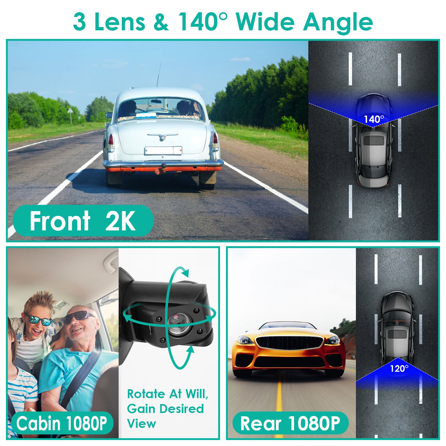 2K Car DVR 3 Channel Dash Cam Camcorder Camera Recorder With 140 Degree Angle GP