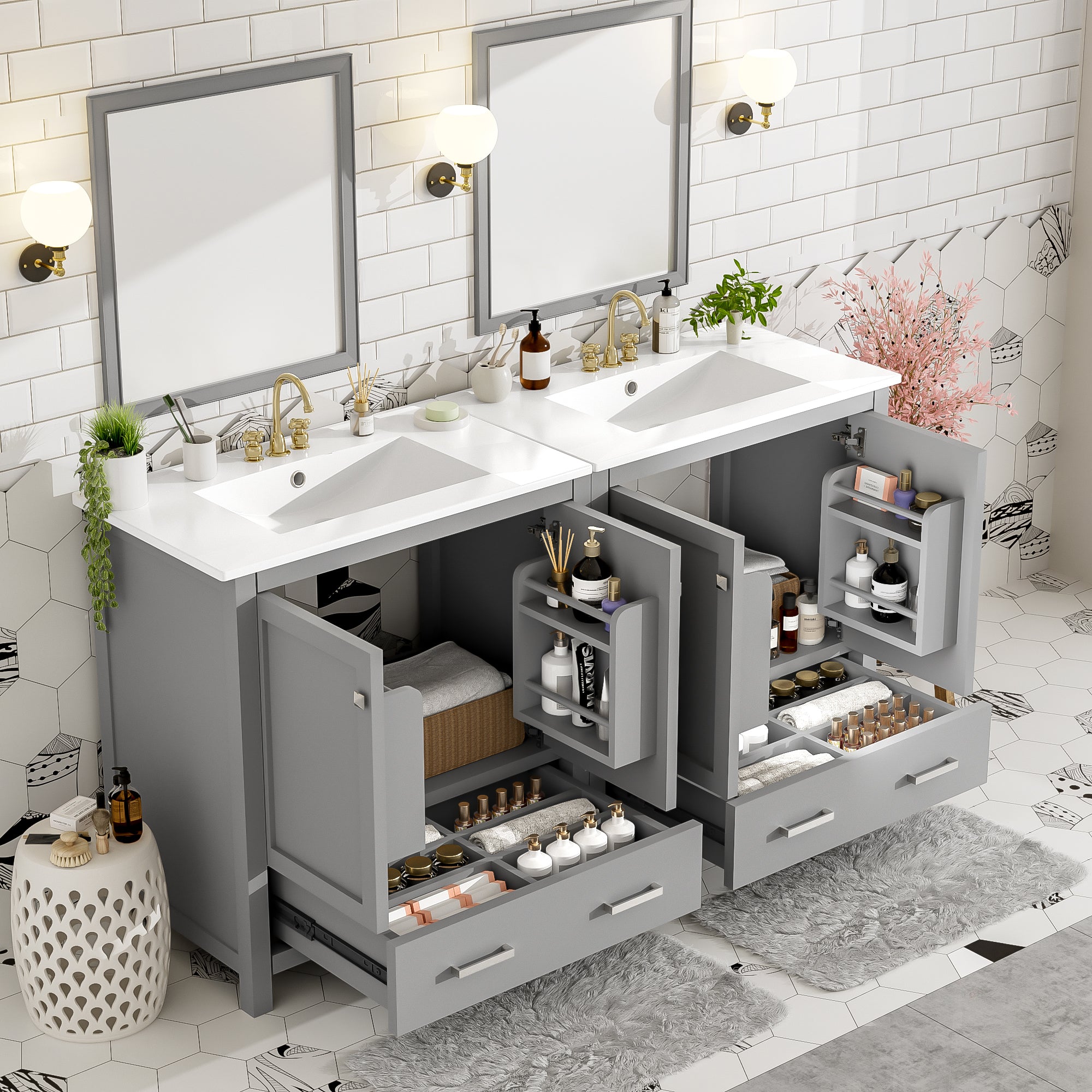 60  Grey Bathroom Vanity Set With Double Vanities  Separate , Double Ceramic Sin