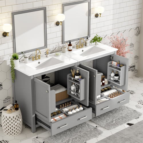 60  Grey Bathroom Vanity Set With Double Vanities  Separate , Double Ceramic Sin