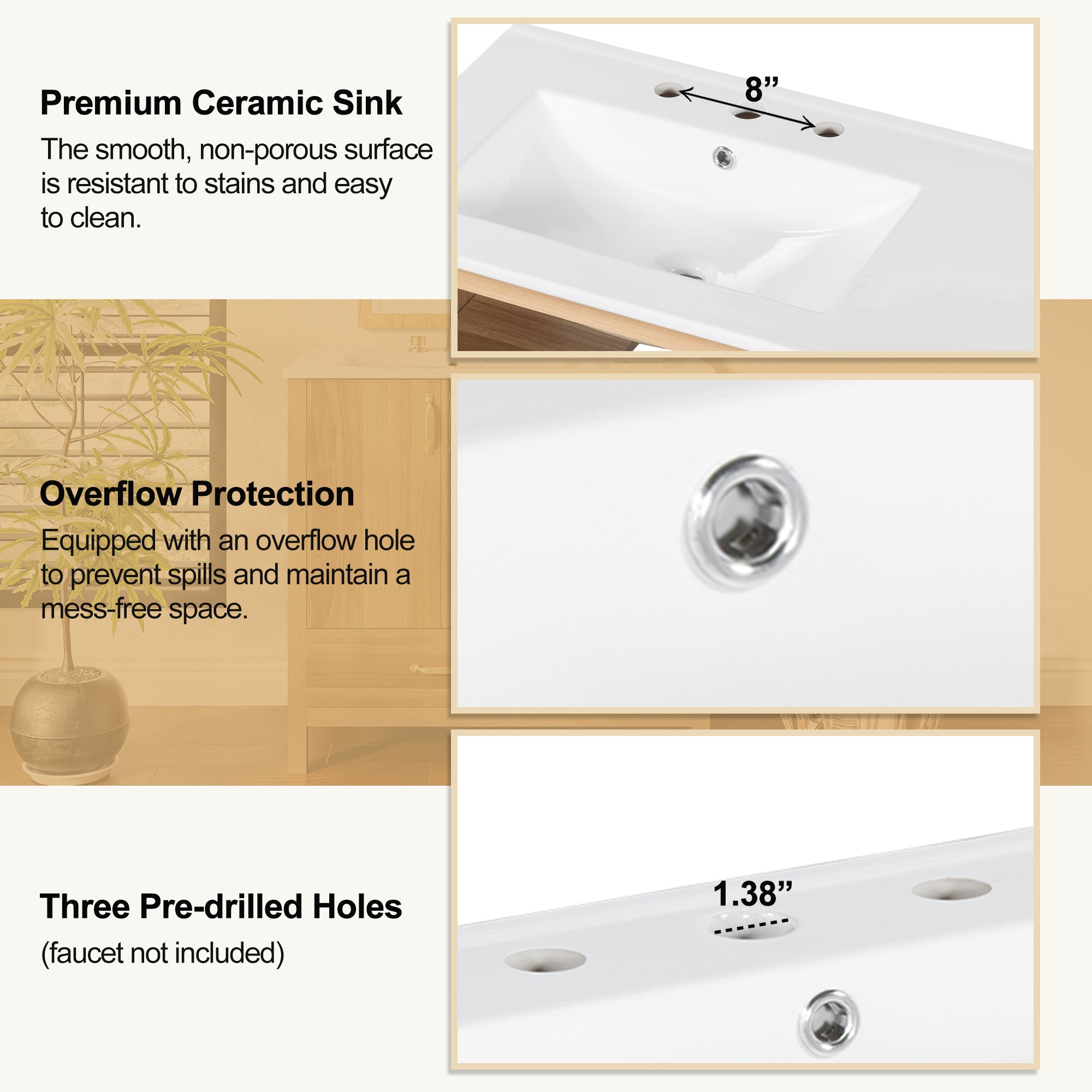 36  Wood Bathroom Vanity With Solid Wood Frame, 2 Soft Close Doors, 4Soft Close 