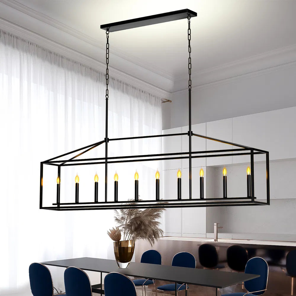 10 Lights Farmhouse Black Chandelier Rectangular Linear Pendant Lighting For Din