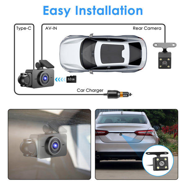 3 Channel Dash Cam For Cars, 1080P Full HD Front Camera (140° Wide View) With 48