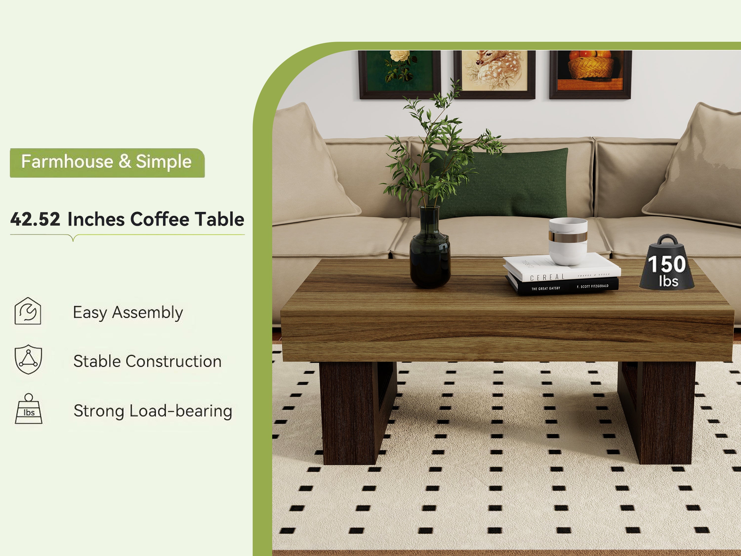 42 Inch Wood Rectangular Coffee Table, All MDF Farmhouse Accent Center Low Cockt