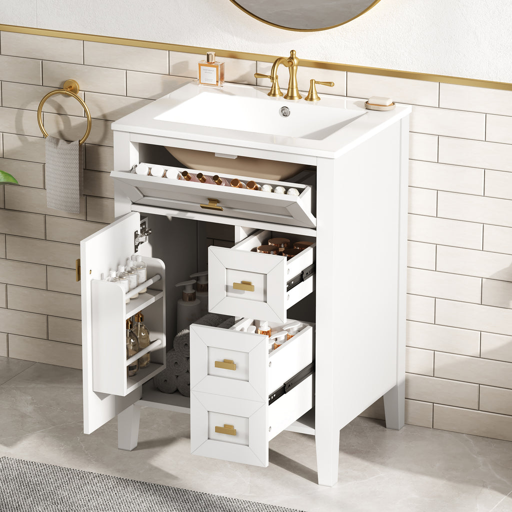 24'' White Bathroom Vanity With Sink, MDF & Rubberwood Construction, 3 Drawers &