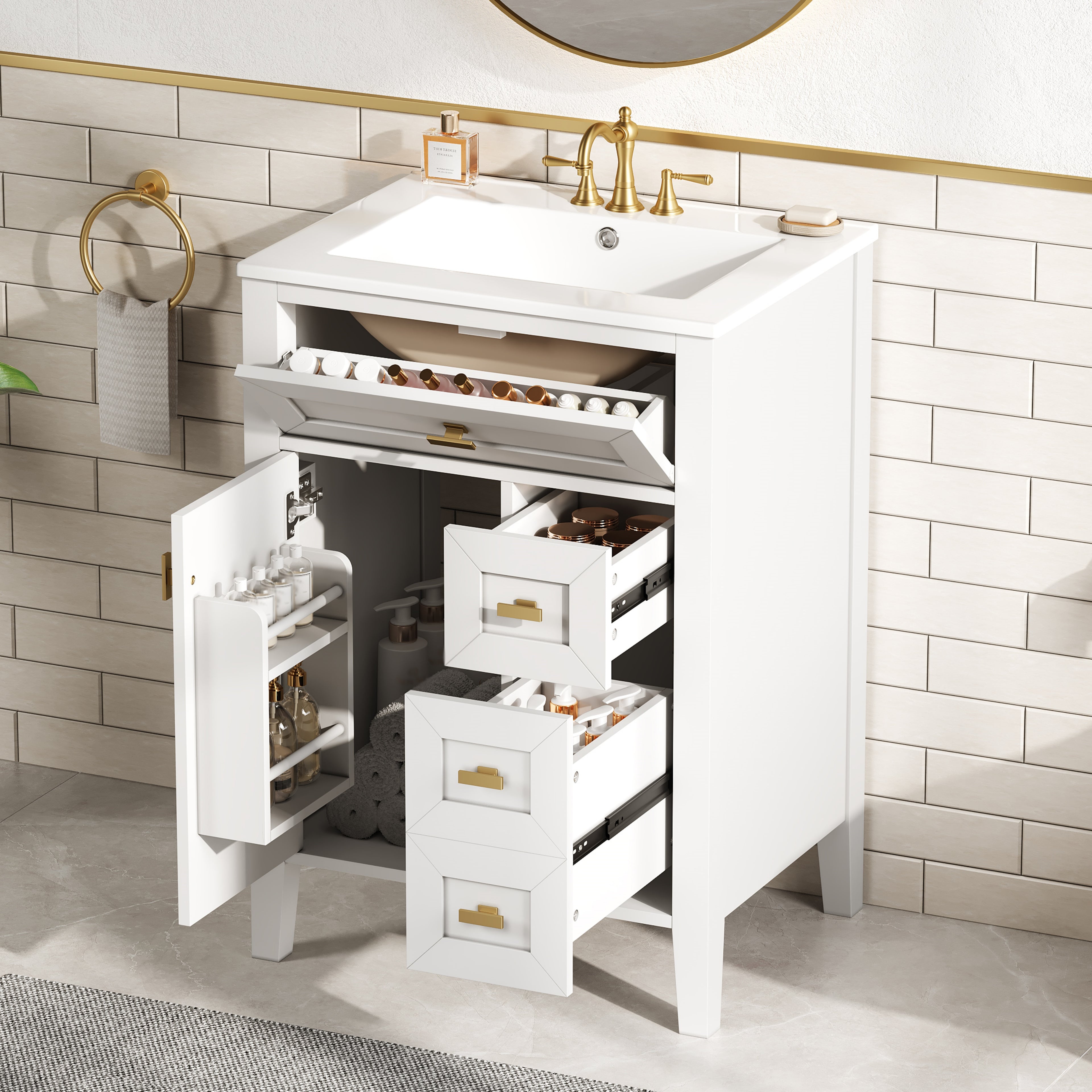 24'' White Bathroom Vanity With Sink, MDF & Rubberwood Construction, 3 Drawers &