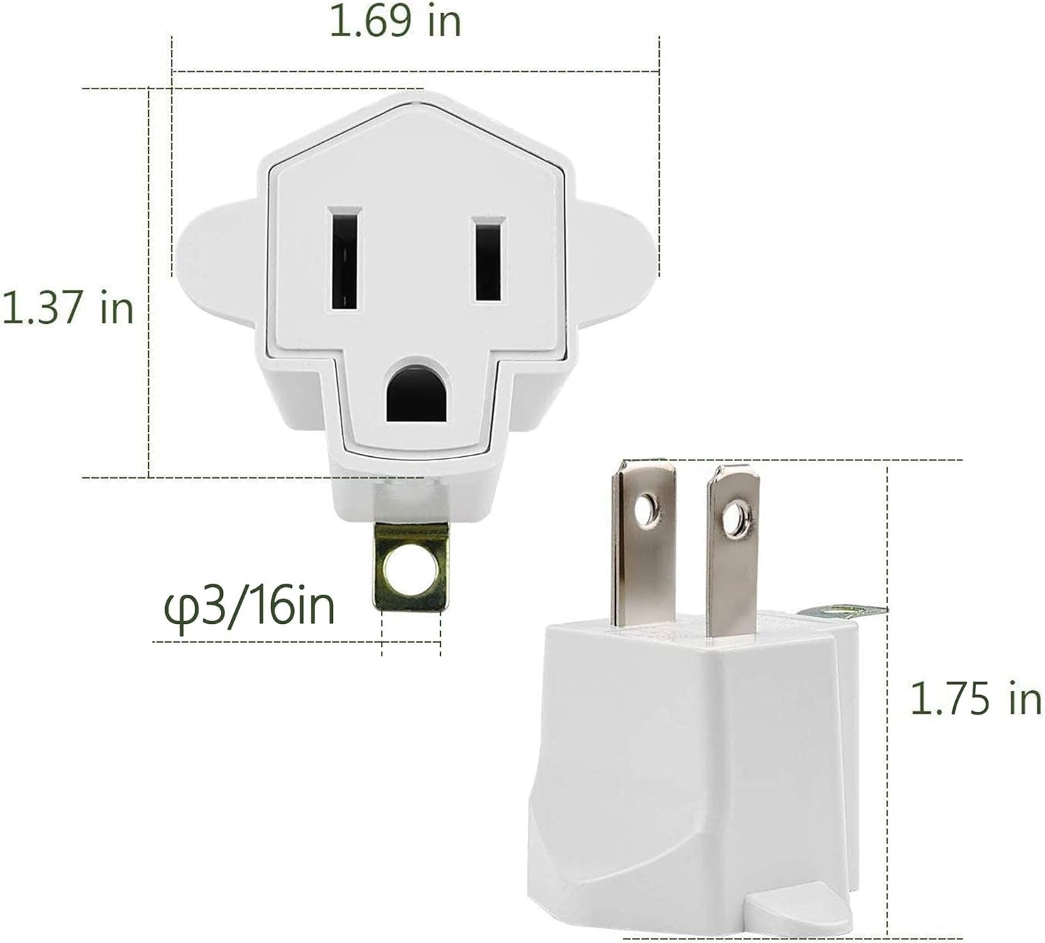 3 Prong to 2 Prong Polarized Grounding Adapter, Wall Outlet Converter 3-Prong Adapter Fireproof Material 392℉ Resistant Heavy Duty for Household, Christmas Light, Indoor Use Only, 10 Pack
