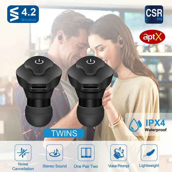 True Wireless Earbuds CSR V4.2 In-ear Stereo Headsets IP44 Waterproof Apt-X TWS 