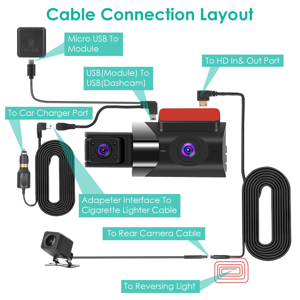 2K Car DVR 3 Channel Dash Cam Camcorder Camera Recorder With 140 Degree Angle GP