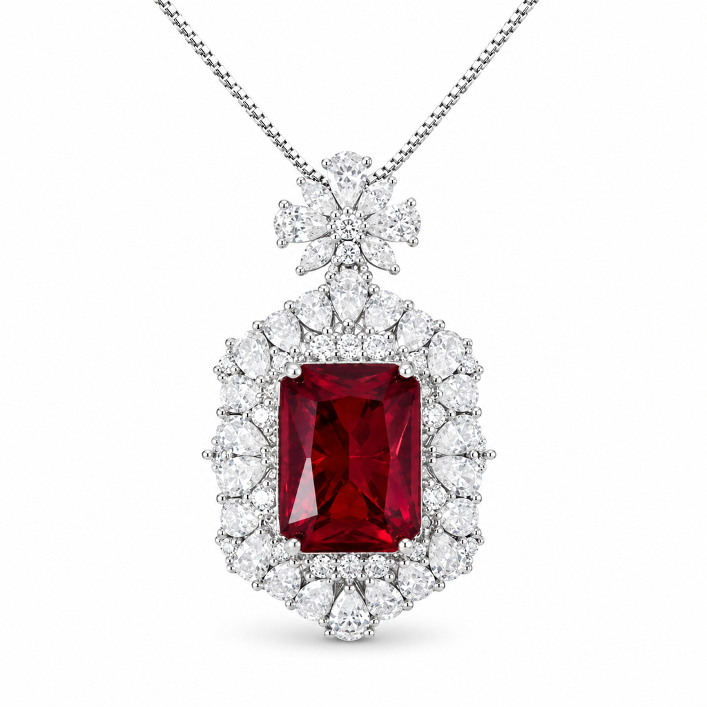 1111White Gold Plated Cushion Cut Red Ruby CZ Pendant Necklace, Double Halo Clea