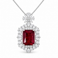 1111White Gold Plated Cushion Cut Red Ruby CZ Pendant Necklace, Double Halo Clea