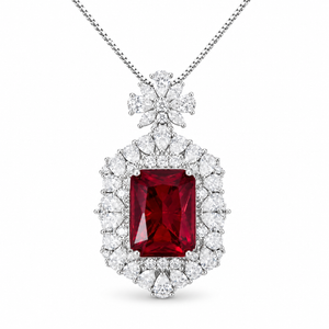 1111White Gold Plated Cushion Cut Red Ruby CZ Pendant Necklace, Double Halo Clear Cubic Zirconia Vintage Statement Necklace For Women