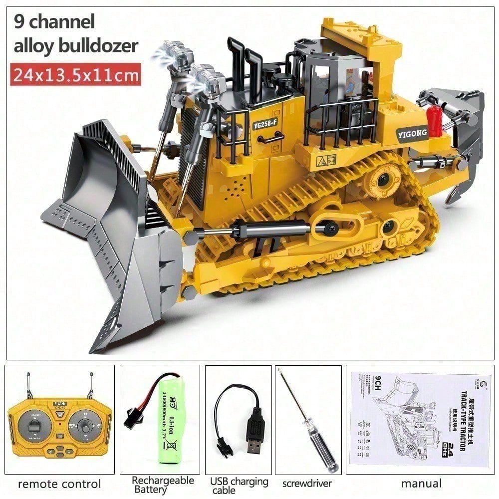 9 Channel 2.4GHz RC Heavy Duty Alloy Bulldozer With Metal Blade, Rechargeable Ba