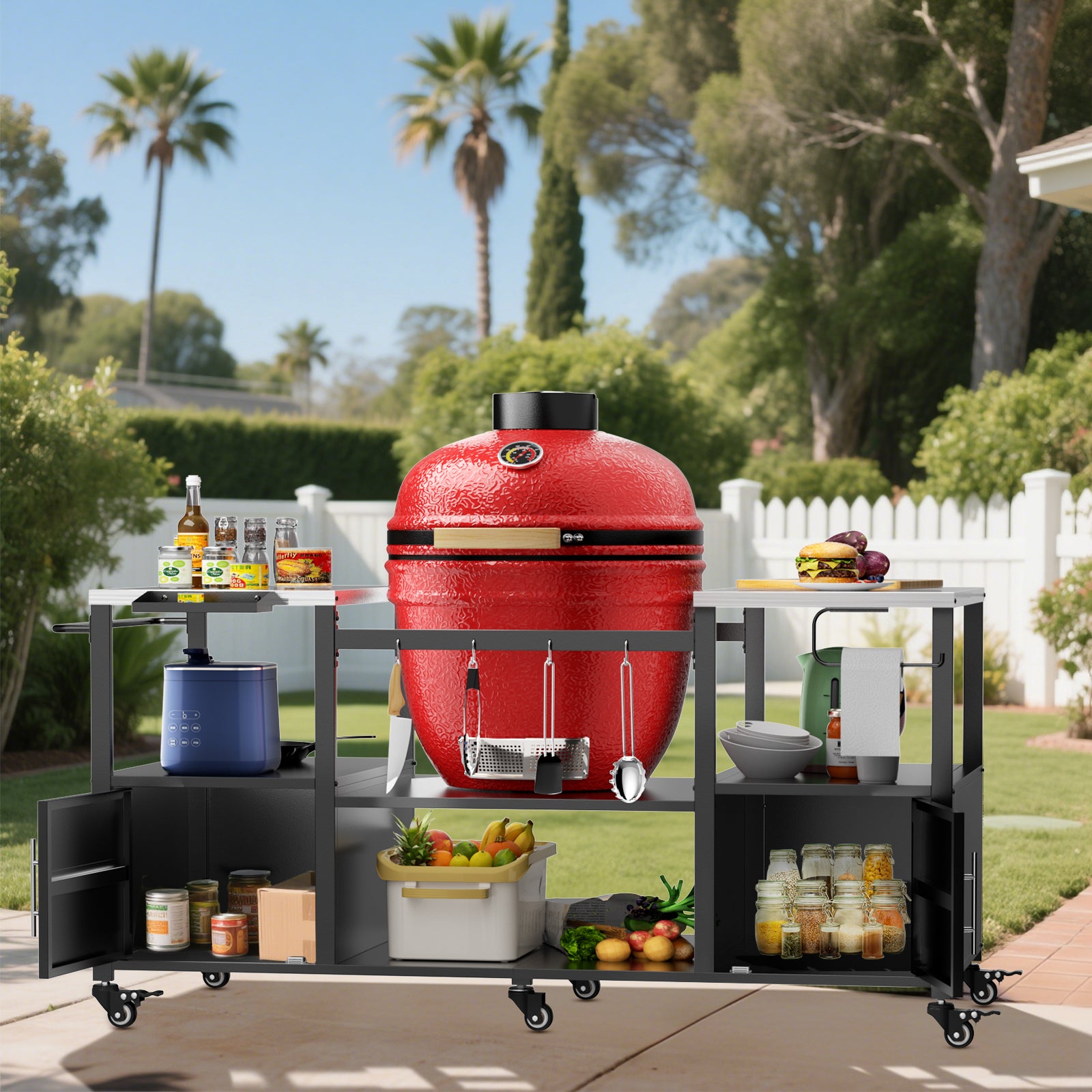 Outdoor Grill Table For Big Green Egg Style BBQ, Metal Grill Cart With Storage B