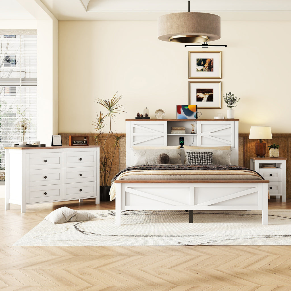 3-Pieces Bedroom Sets Queen Size  Farmhouse Platform Bed With Double Sliding Doo