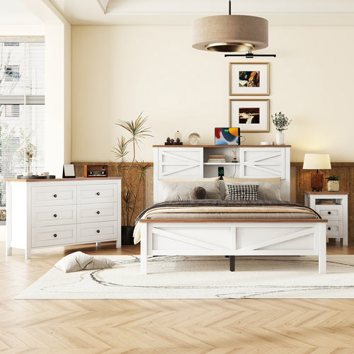3-Pieces Bedroom Sets Queen Size  Farmhouse Platform Bed With Double Sliding Doo