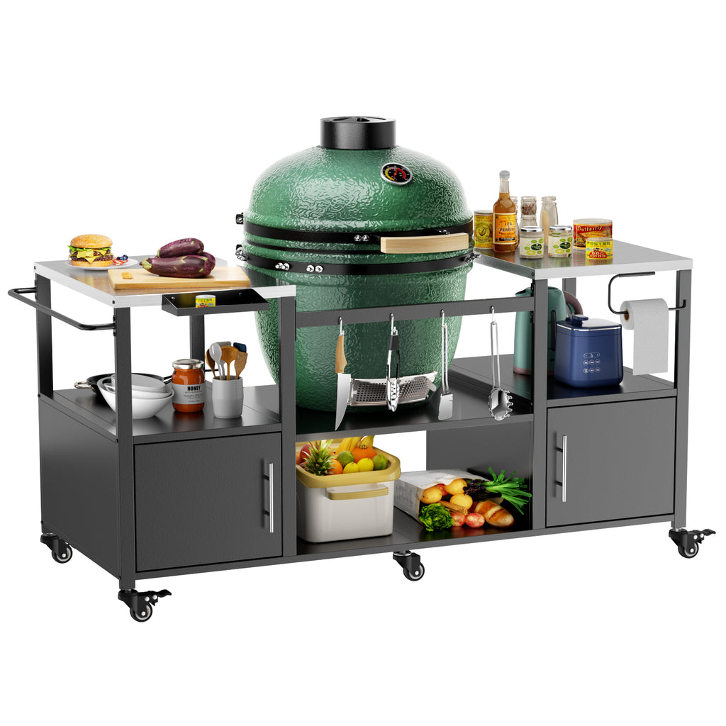 Outdoor Grill Table For Big Green Egg Style BBQ, Metal Grill Cart With Storage B
