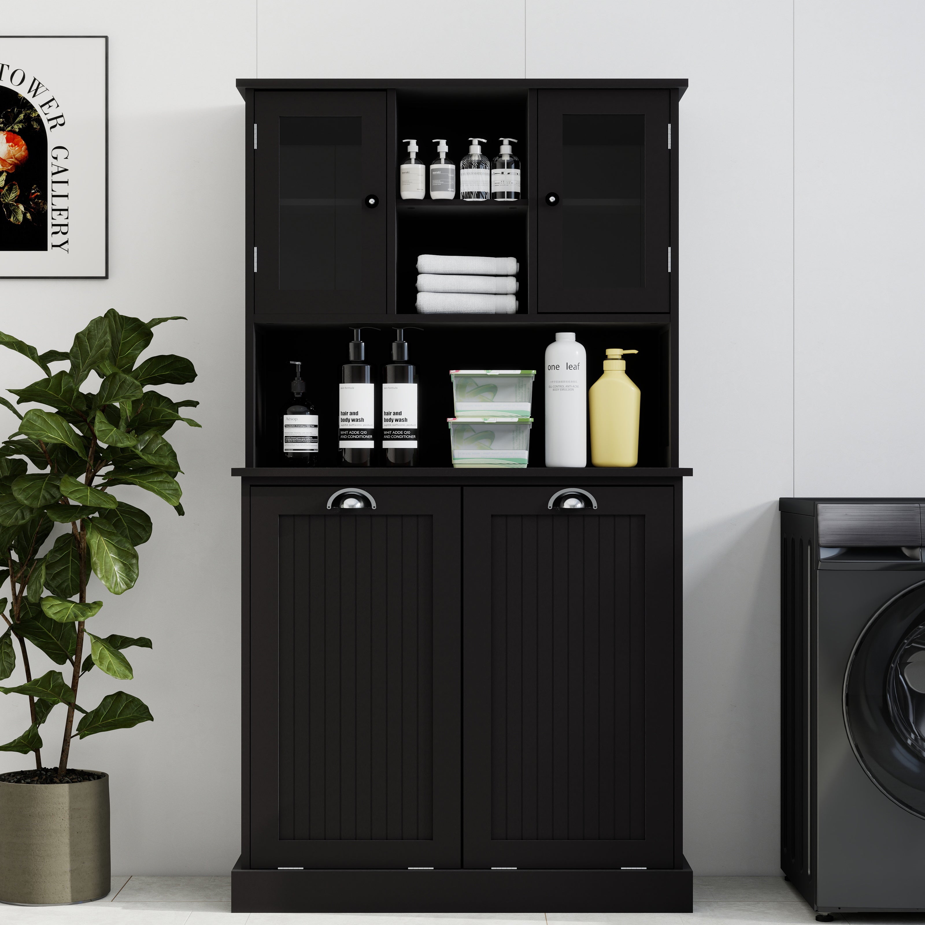 Two-Compartment Tilt-Out Dirty Laundry Basket Tall Bathroom Cabinet With 2 Adjus
