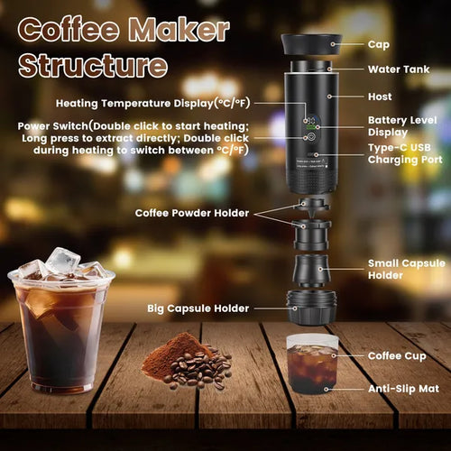 3-in-1 Portable Espresso Machine Cordless Self-Heating Coffee Maker With 7500mAh