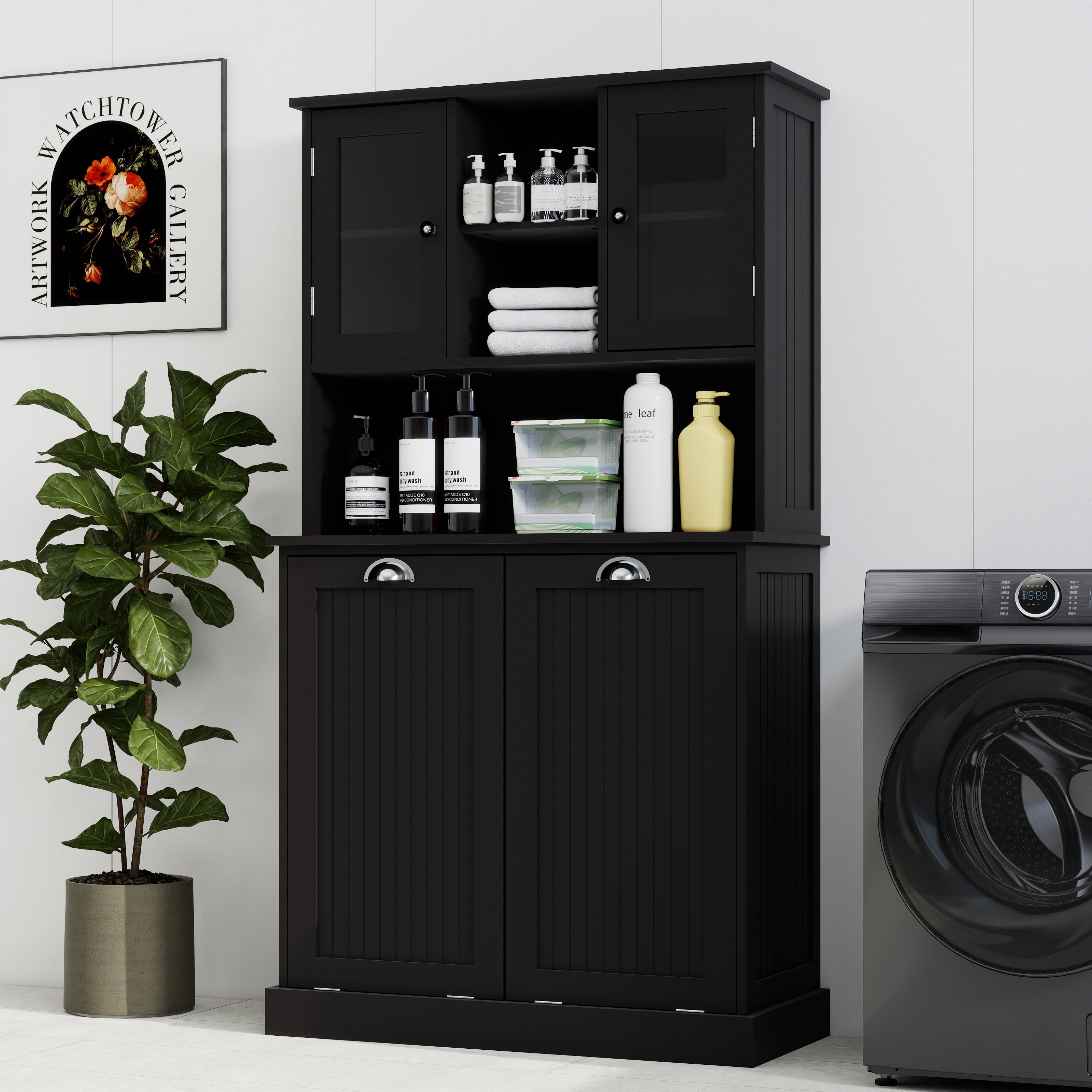 Two-Compartment Tilt-Out Dirty Laundry Basket Tall Bathroom Cabinet With 2 Adjus