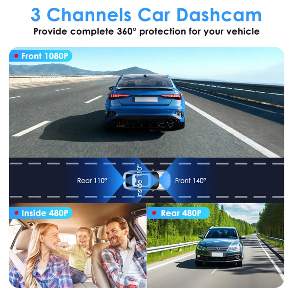 3 Channel Dash Cam For Cars, 1080P Full HD Front Camera (140° Wide View) With 48