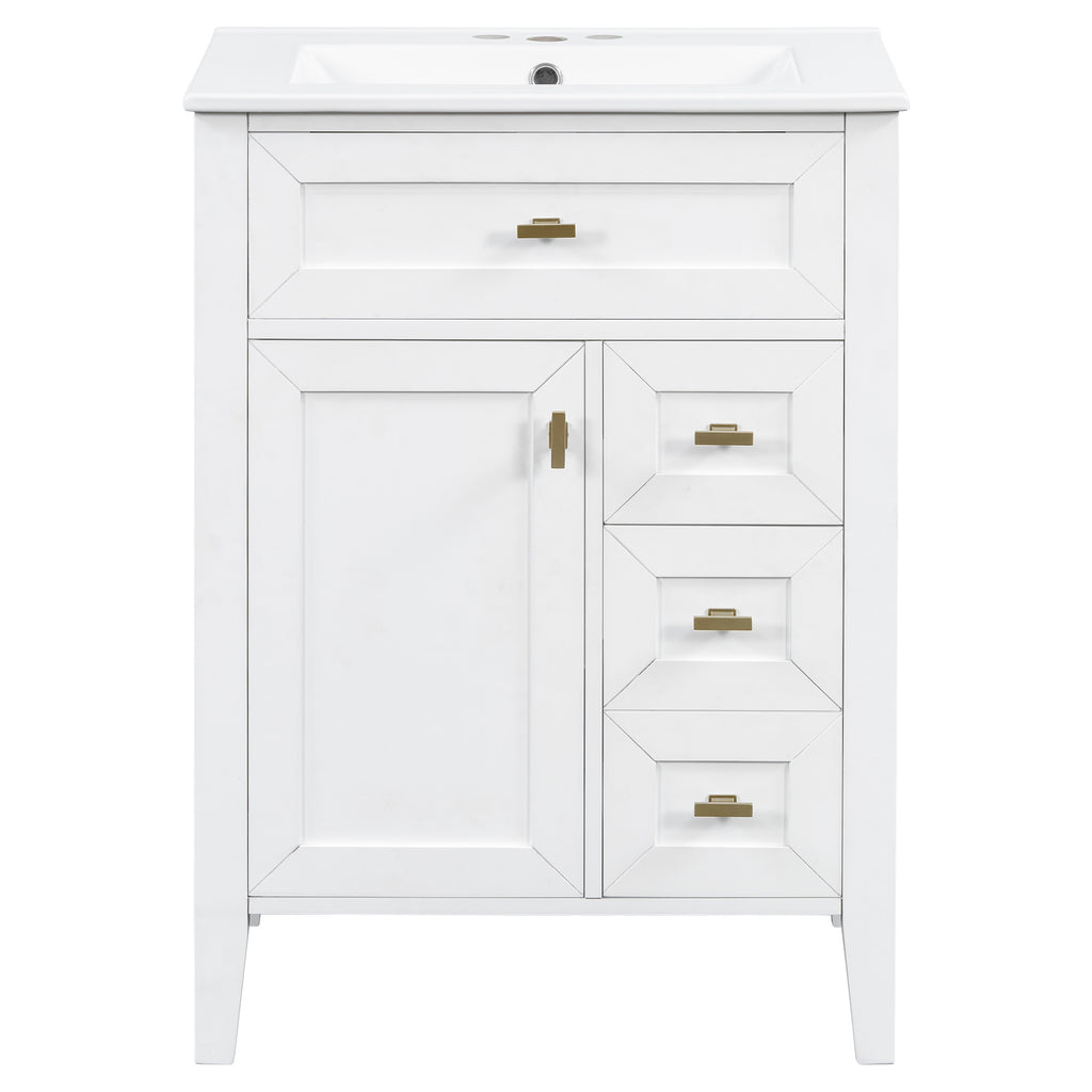 24'' White Bathroom Vanity With Sink, MDF & Rubberwood Construction, 3 Drawers &