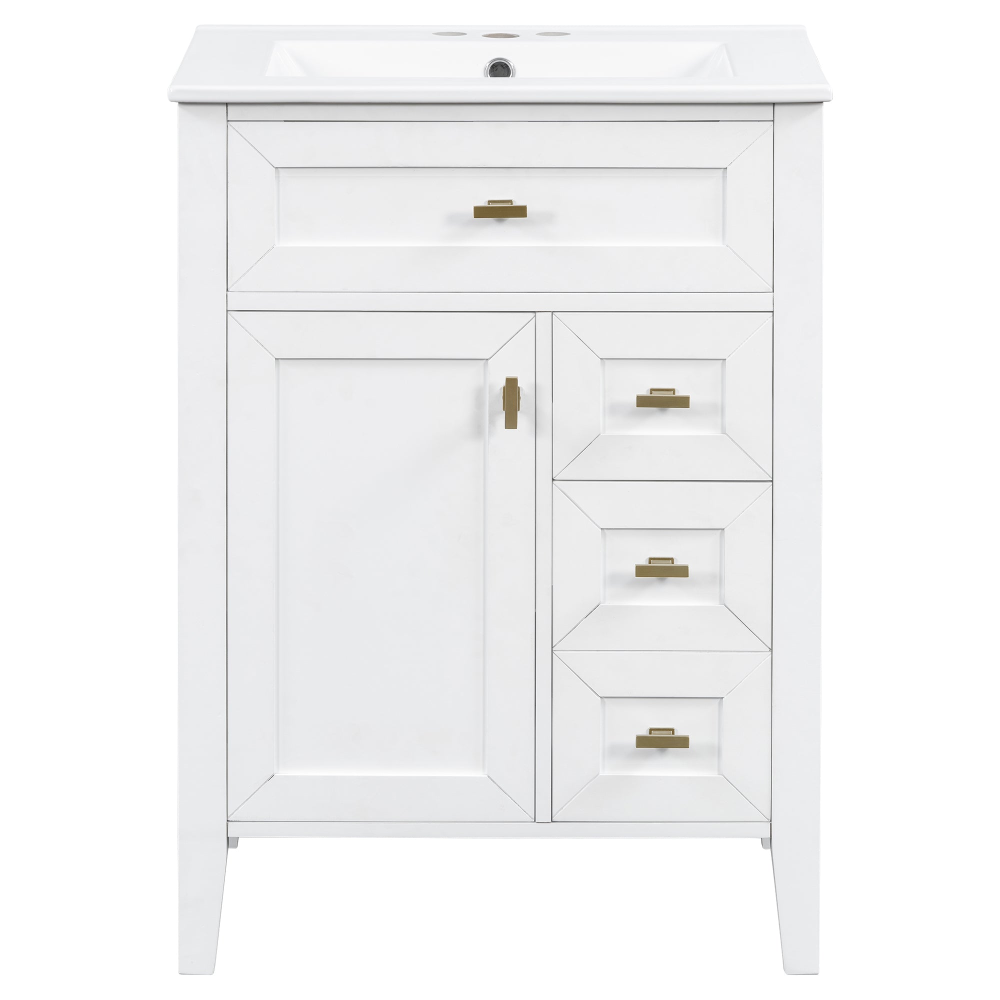 24'' White Bathroom Vanity With Sink, MDF & Rubberwood Construction, 3 Drawers &