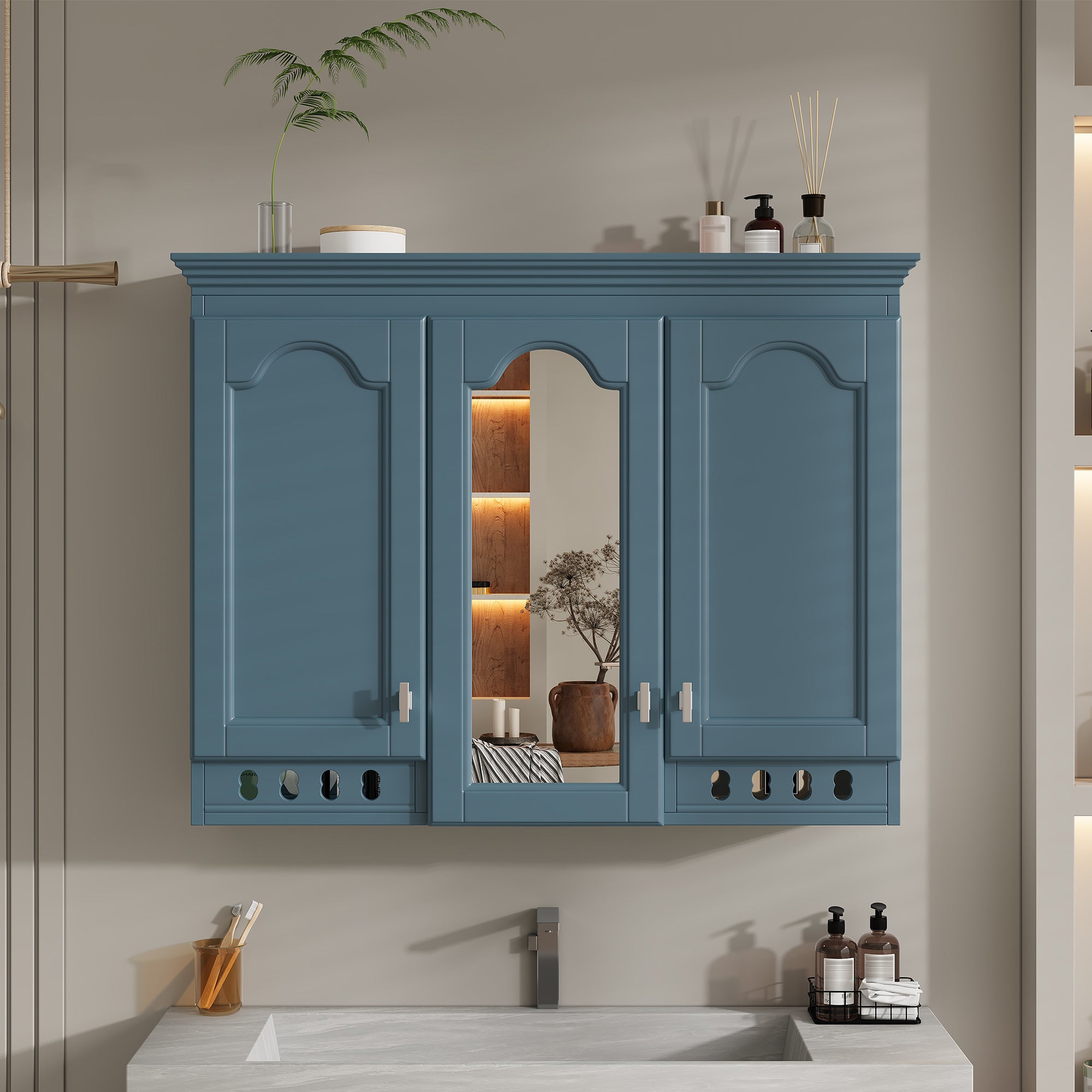 35 Inch Wall-Mount All-in-One Mirror Cabinet With Adjustable Shelves, Soft-Closi