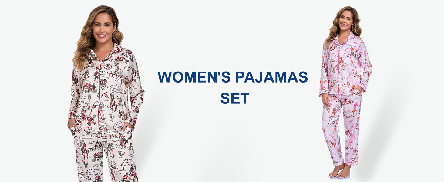 RONGTAI Womens Pajama Sets Button Down Long Sleeve Lapel Shirt With Pocket Match
