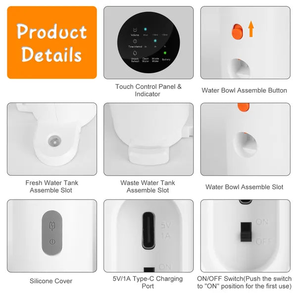 Smart Pet Water Fountain Automatic Cat Water Dispenser 3L&101OZ Cordless Recharg