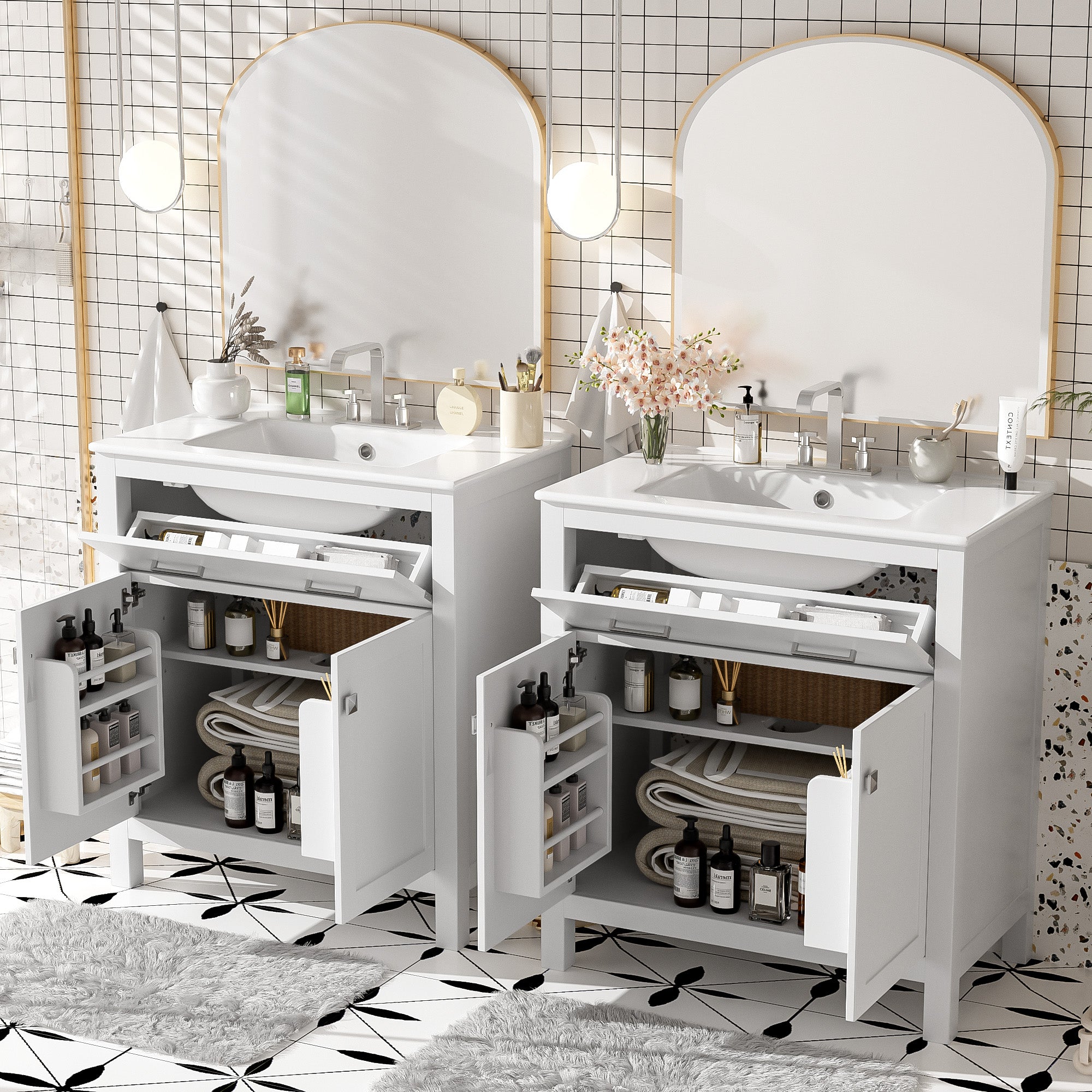 60  Modern White Bathroom Vanity Set With Double Vanities  Separate , Double Cer