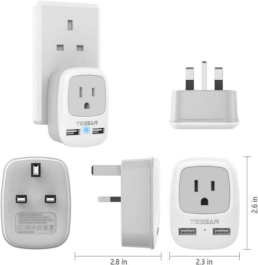 UK Ireland Hong Kong Power Adapter,  International Travel Plug with 2 USB, Type G Converter Outlet Adaptor Charger for USA to British England Scotland Irish Qatar London