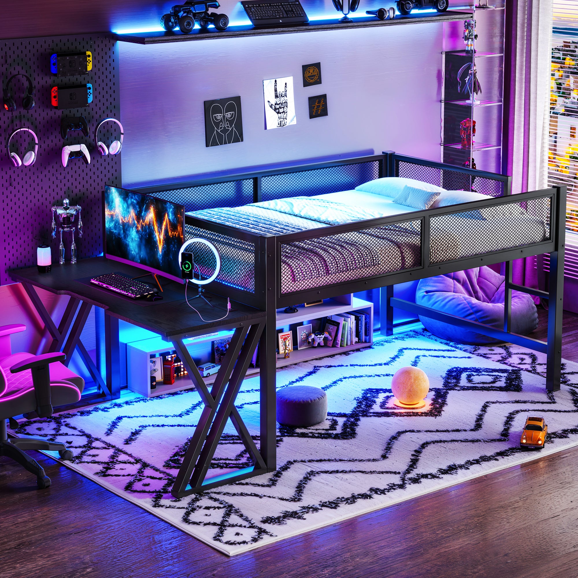 Full Size Gaming Loft Bed With Desk Of X-shaped Leg ,LED Lights, USB Ports, Stai