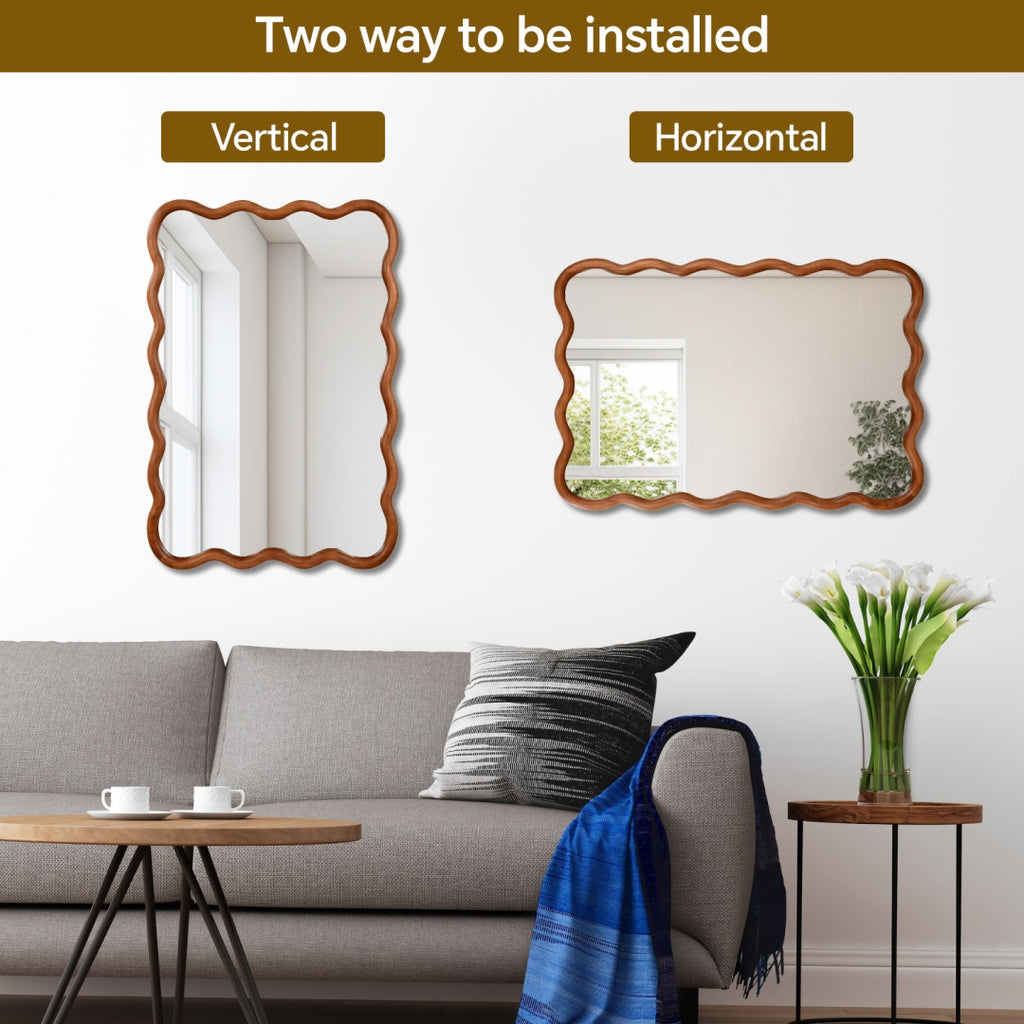 Yellowish Brown 20x30 Wavy Rectangle Solid Wood Frame Decorative Mirror,For Bedr
