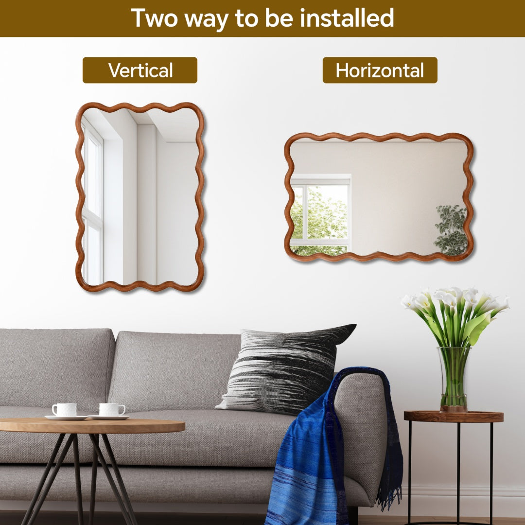 Yellowish Brown 20x30 Wavy Rectangle Solid Wood Frame Decorative Mirror,For Bedr