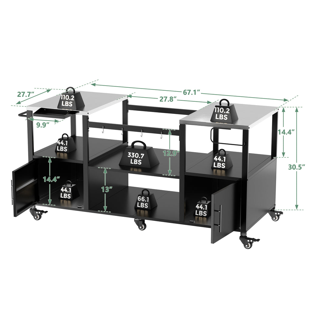 Outdoor Grill Table For Big Green Egg Style BBQ, Metal Grill Cart With Storage B