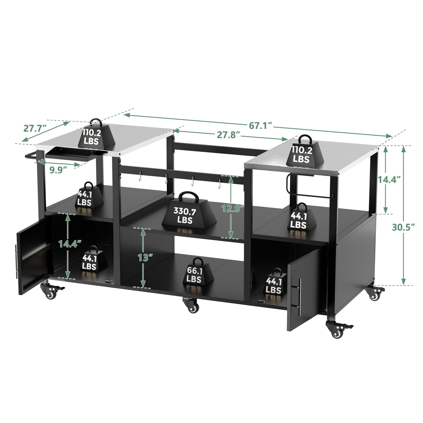 Outdoor Grill Table For Big Green Egg Style BBQ, Metal Grill Cart With Storage B