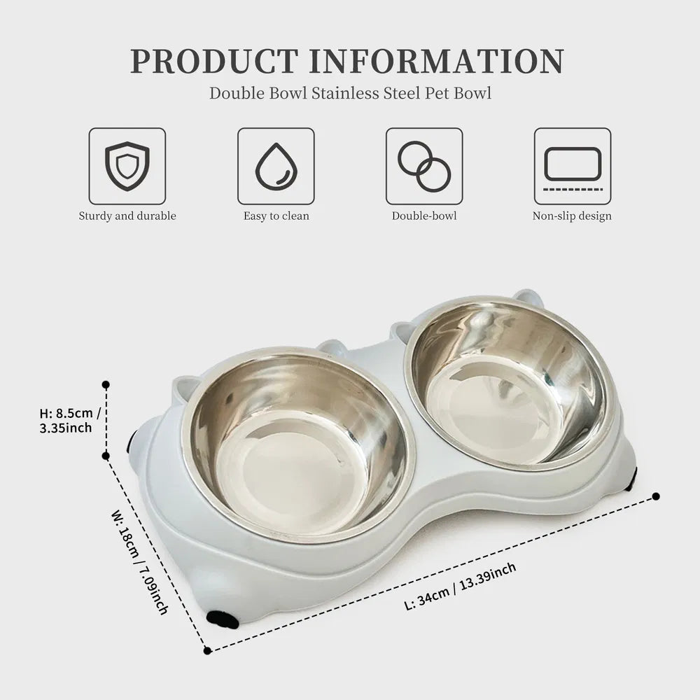Anti Slip Base Double Cat Food Bowl, Gray Stainless Steel Food And Water Bowl, E