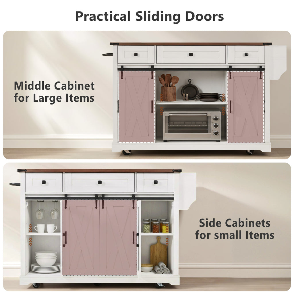 K&K 58 Farmhouse Kitchen Island With Storage,Sliding Barn Door & Metal Grid Side