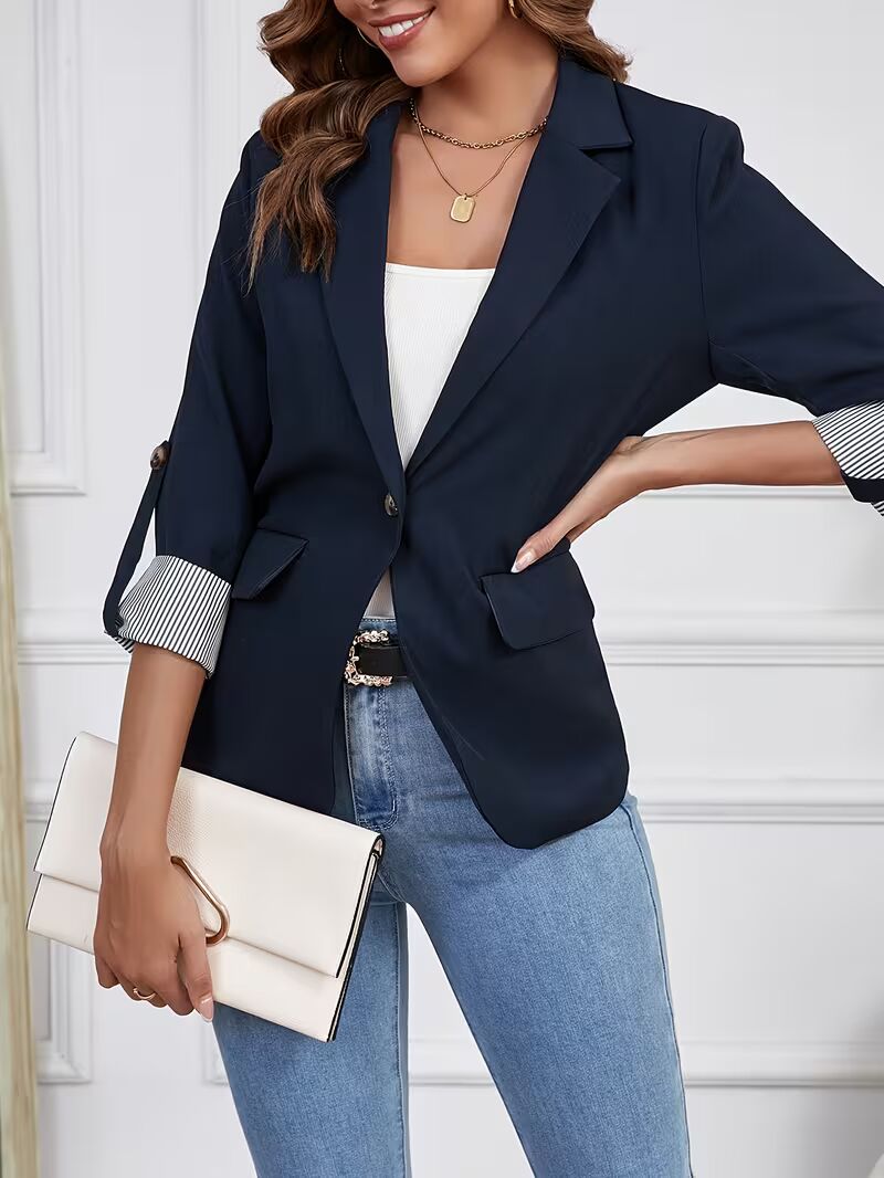 Women's Elegant 3 4 Sleeve Blazer Jacket. Solid Color Button Front H Line Suit C