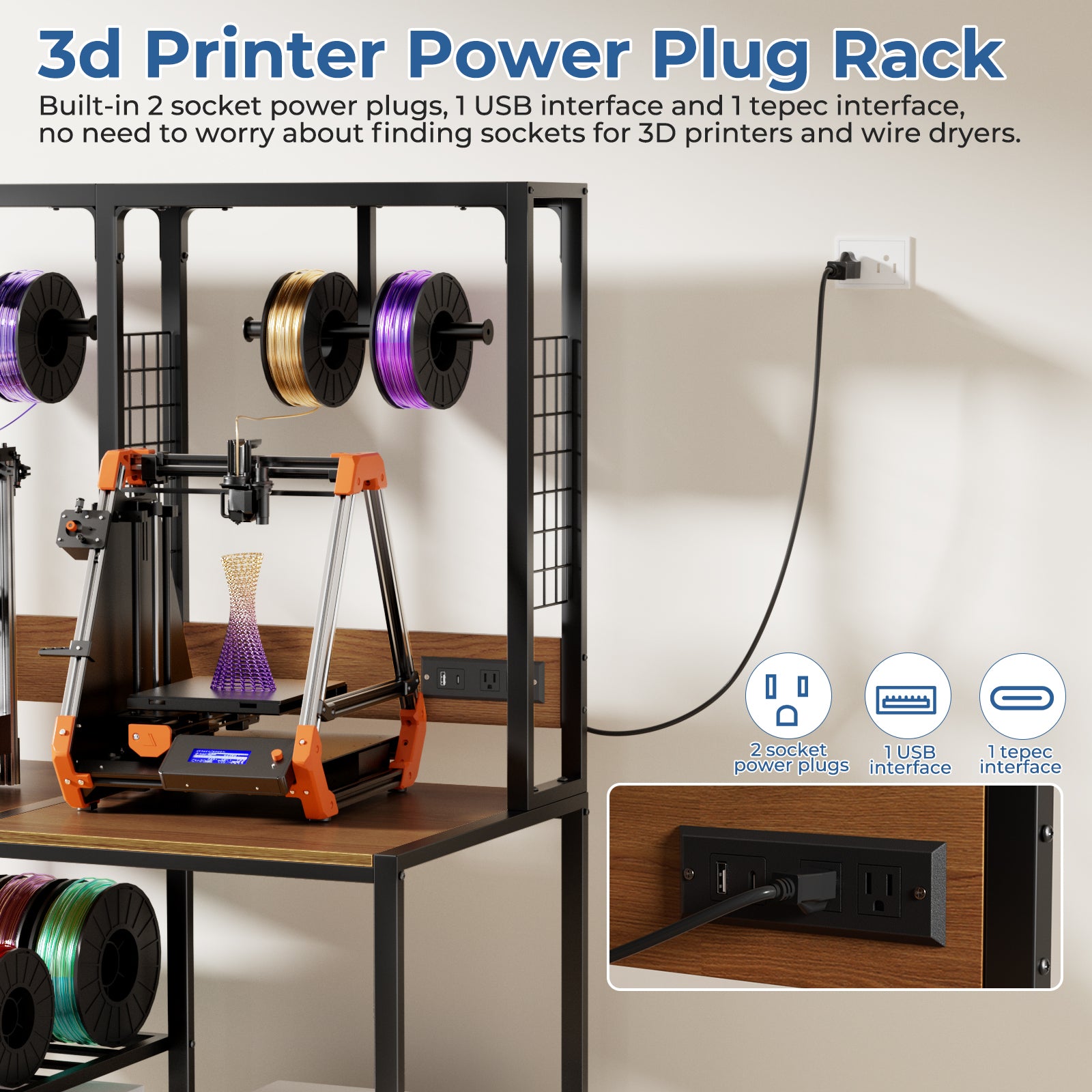 Double 3D Printer Stand With Filament Storage, Heavy-Duty Metal Frame Dual 3D Pr