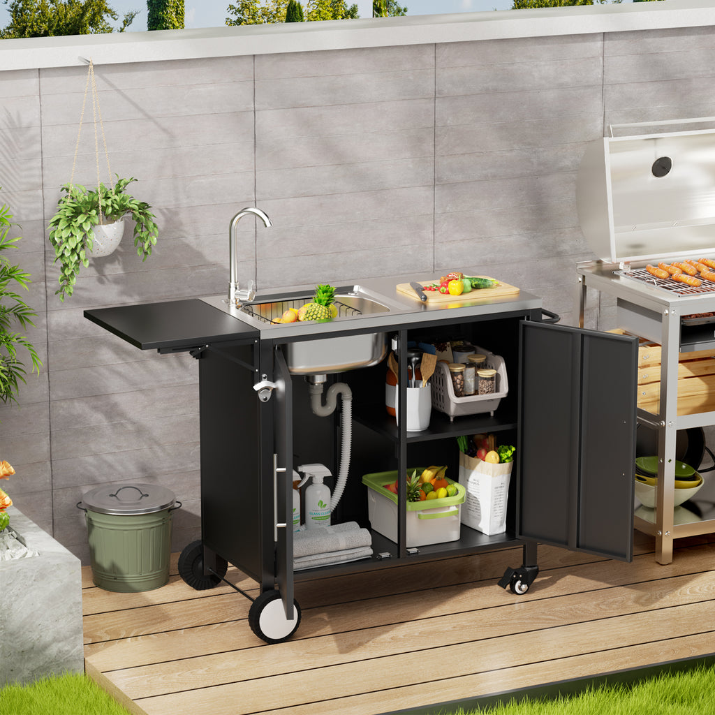 Outdoor Grill Table With Sink, Metal Worktable Kitchen Cabinet Island With Folda