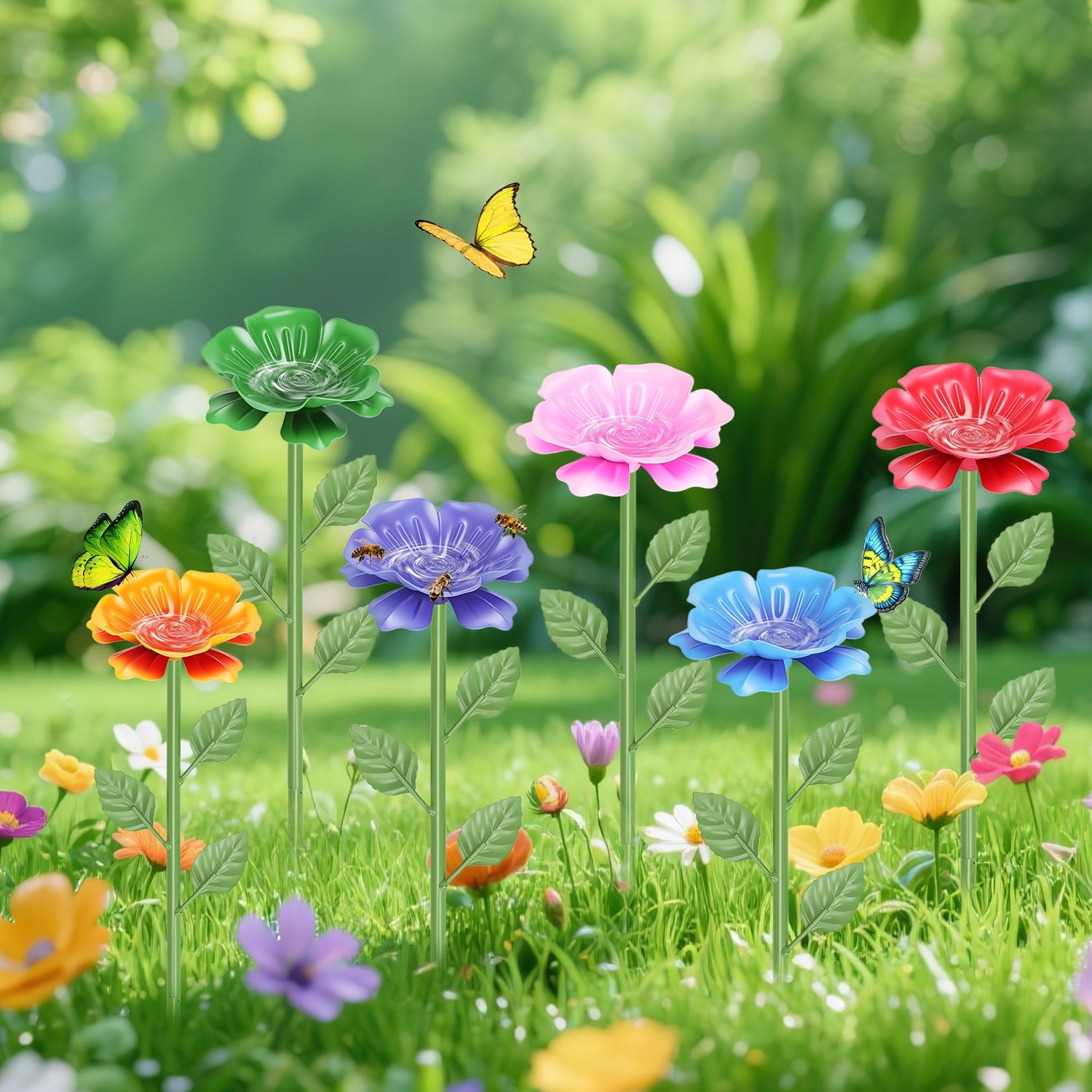 Outdoor Pollinator Water Stakes, Flower Design Bee Butterfly Waterer, Weather Re